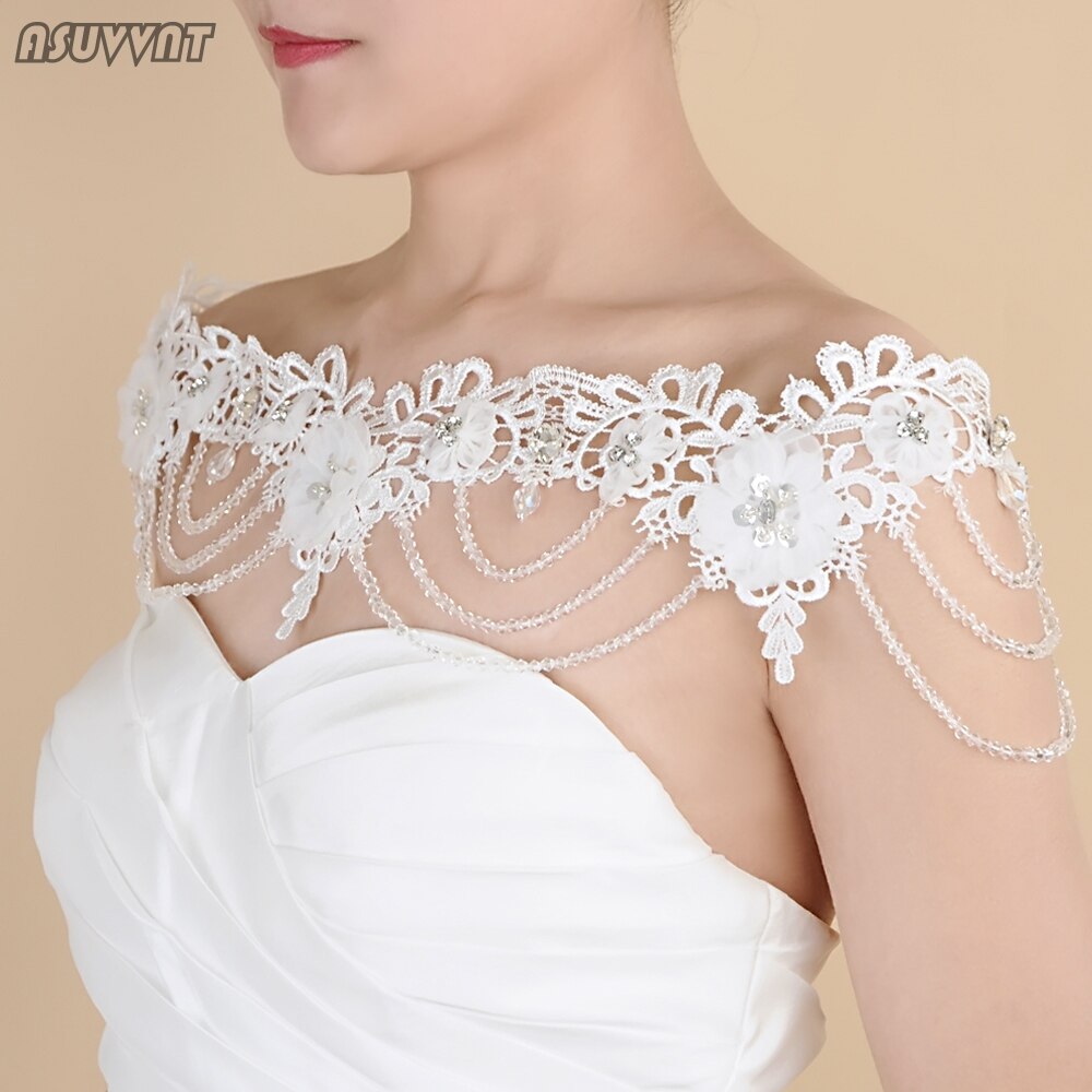 Luxus Kristall Set Kette Schulter Hochzeit Kleid Zubehör Braut Hochzeit Blume Strass Appliques Spitze Schal Für Dame Mädchen