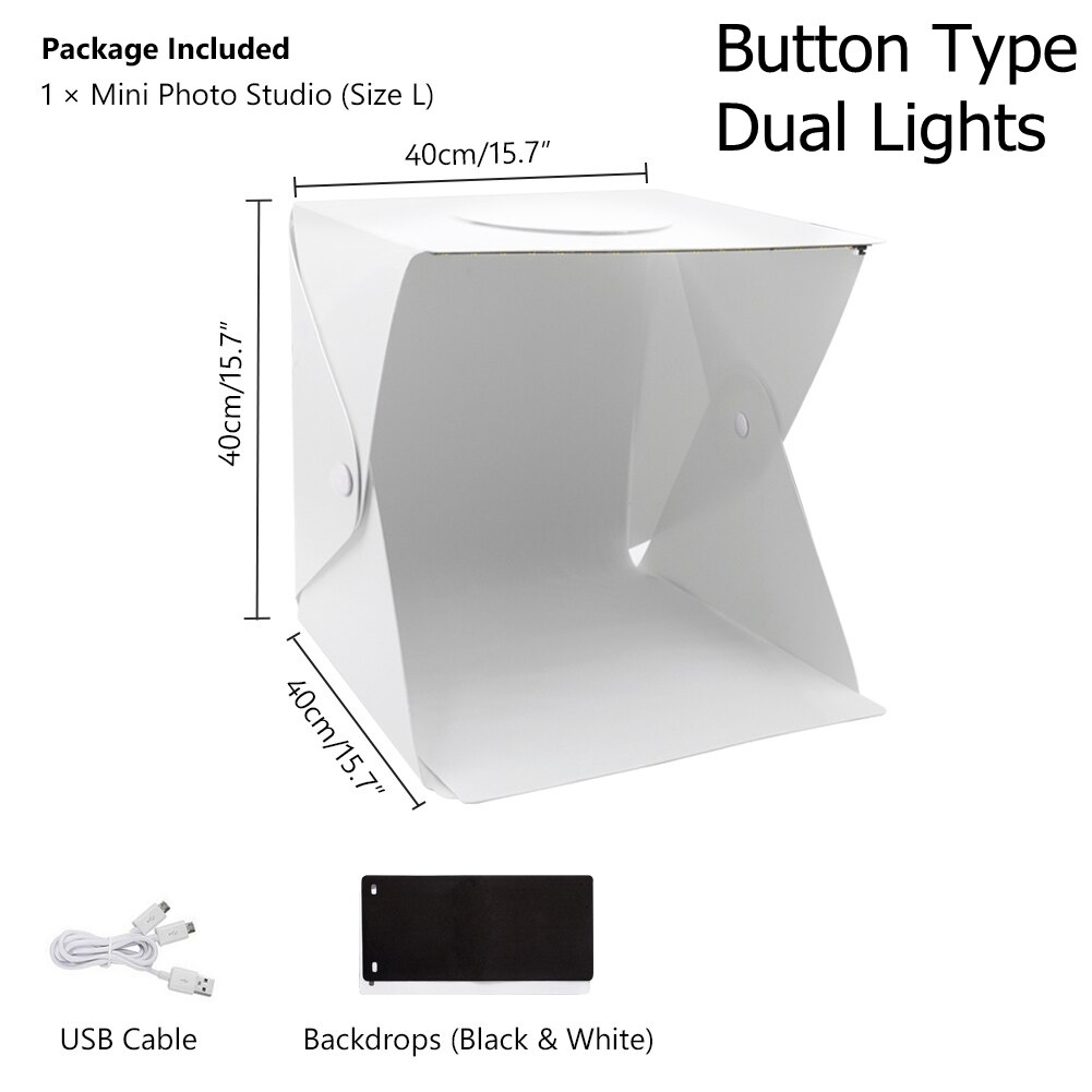 Pieghevole Lightbox 20/30/40cm fotografia portatile Studio fotografico tenda LED Softbox Kit di sfondo Mini scatola luminosa USB per fotocamera DSLR: Dual Lights 40cm