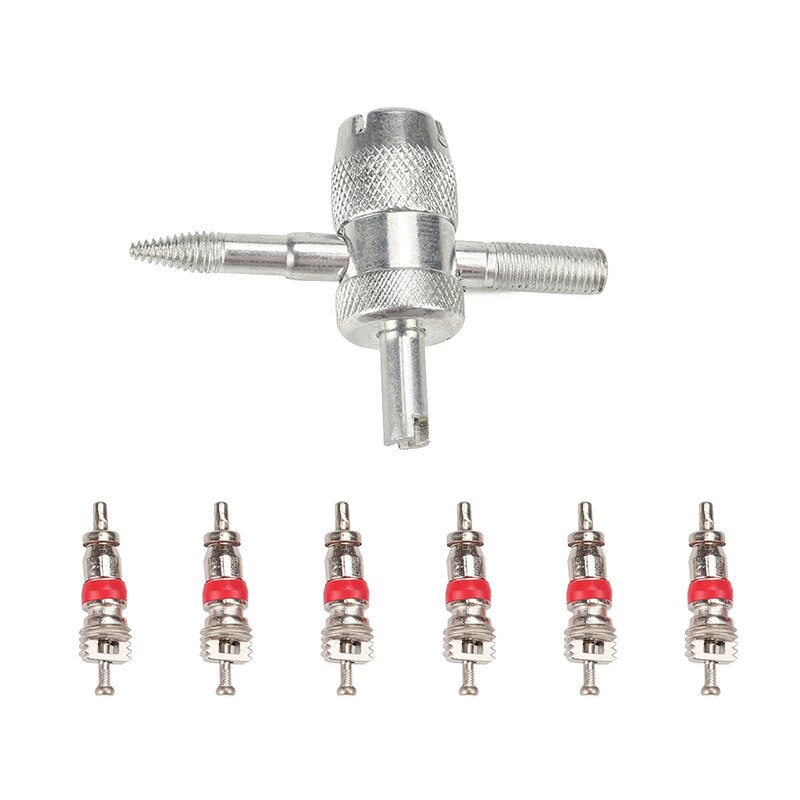 Car Truck Motorcycle Valve core Auto Replacement Parts Four-in-one Valve Tool with 6 Brass Valve Cores Fit for All Vehicle