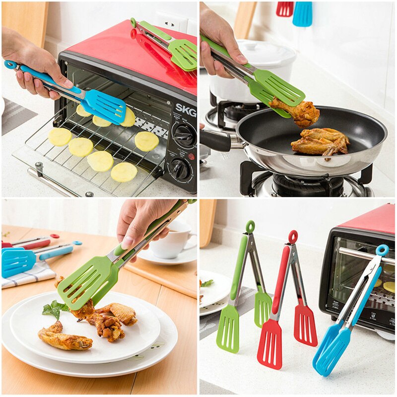 Non-stick Nylon Kitchen Spatula Tong Meat Bread Salad Tong Stainless Steel Clip Barbecue Lock Cooking Serve Food Tong Hole Cap
