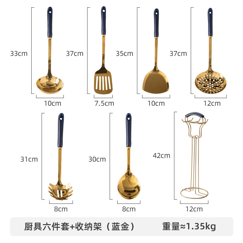 7PCS/Set Stainless Steel Emeraid Soup Ladle Spatula With Holder Ceramics Handle Multi Kitchen Tools Cooking Utensils Set: 7PCS Blue Gold