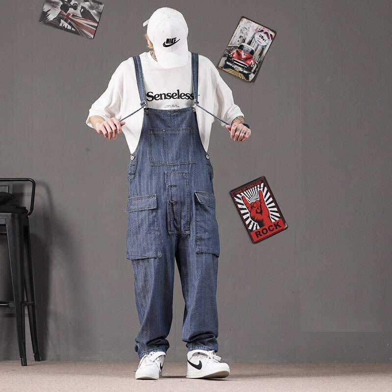 Spring Retro Overalls Men Bib Jumpsuits Trend Big Pocket Cotton Straight Loose Street Blue Hip Hop Wide Leg Pants Trousers