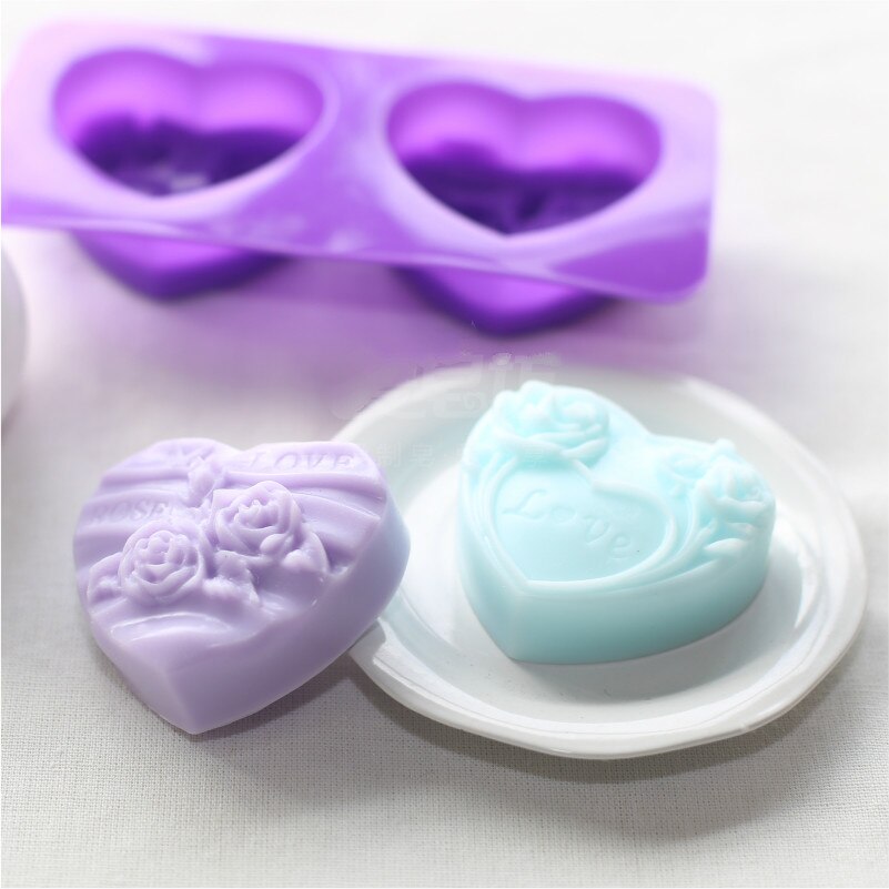 Food Grade Soft Silicone Handmade Soap Mold Heart Shape Roses Two Cavities LOVE Flexible Silicone Soap Mold Soap Making Set