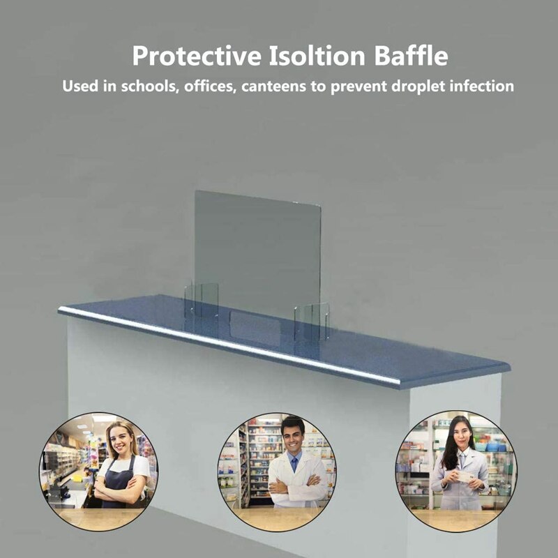 Beskyttende nysebeskytter, klart akryl plexiglas skjold til tællere, madskærm, transaktionsvindue til arbejdsgivere,