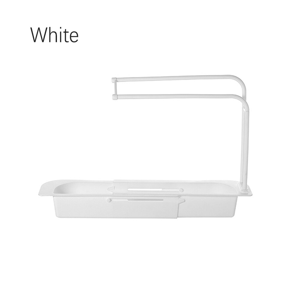 Teleskopisk vask køkken dræningsstativ opbevaringskurv taske vandhaneholder justerbar vask på badeværelset: Hvid