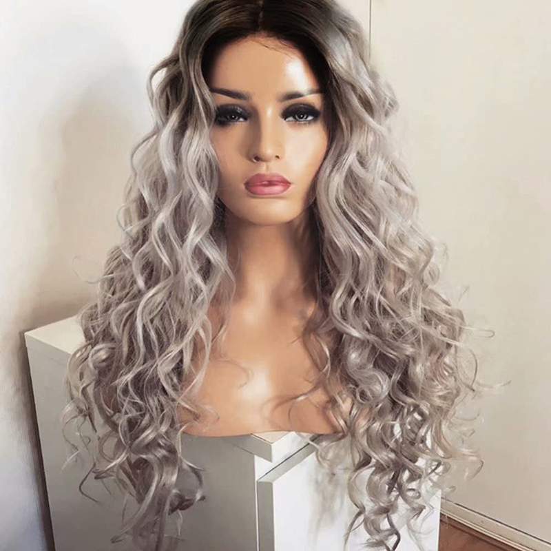 AIMEYA-peluca ondulada larga para mujeres negras, cabellera artificial con malla frontal, color gris degradado, resistente al calor, para disfraz de Cosplay