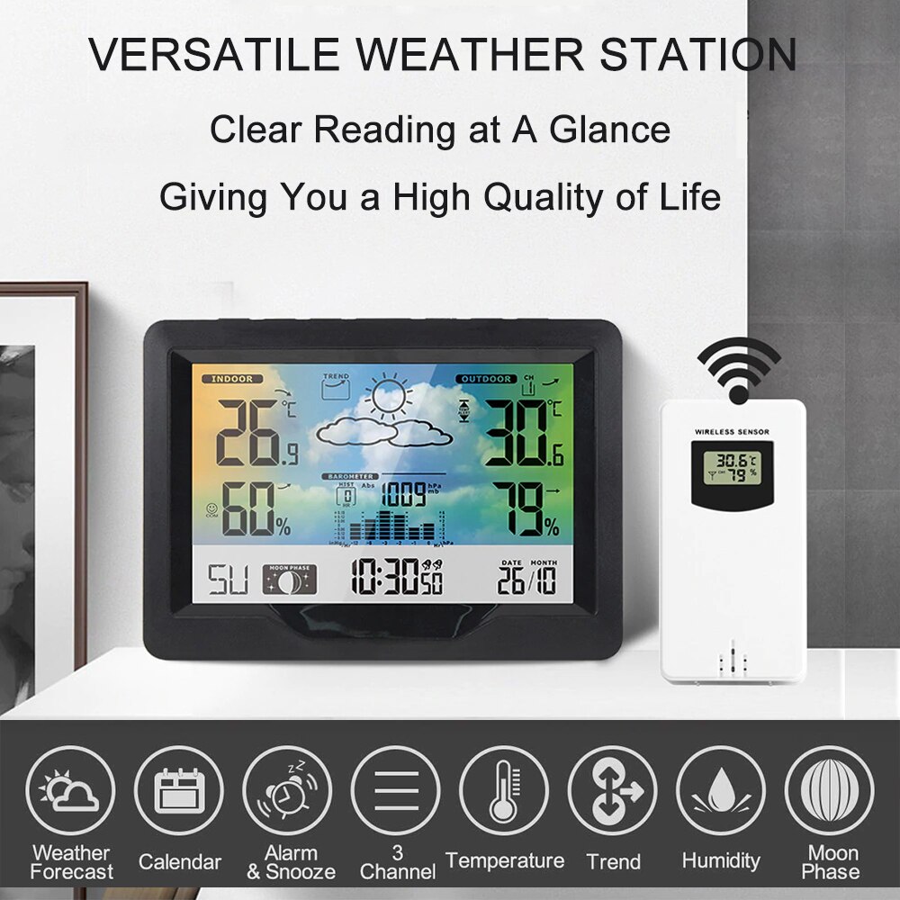 Wireless Weather Station Indoor Outdoor Weather Forecast Station with Outdoor Sensor Digital Temperature and Humidity Gauge