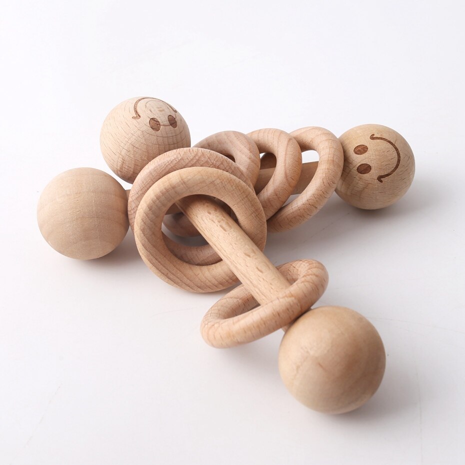 10pcs Beech Wooden Rings Teether Rattle Toys Safe and Natural Baby Shower Soothe Baby Nursing Accessories Teething