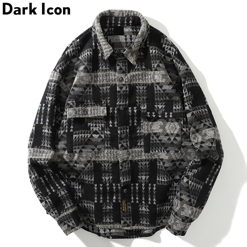 Mørkt ikon turn-down krave japanske retro skjorter mænd løs afslappet tyk uld revers bluse outwear frakke