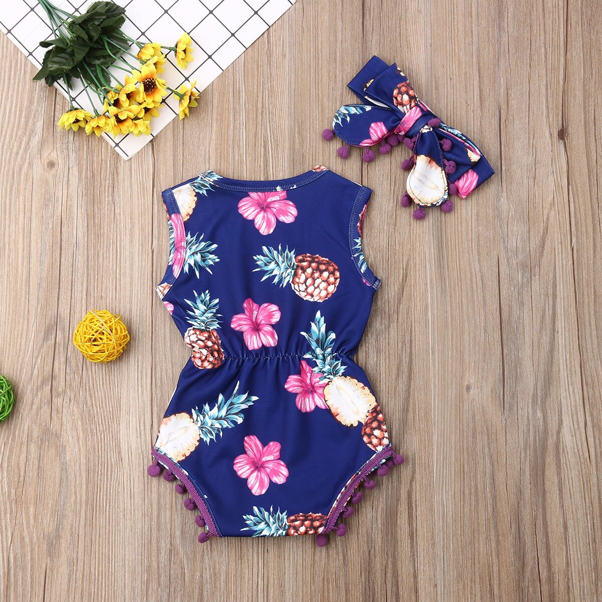 Baby Zomer Kleding Pasgeboren Baby Meisje Jongen Kwastje Bodysuits Hoofdband Ananas Outfit Mouwloze Bloemen 2Pc Jumpsuit