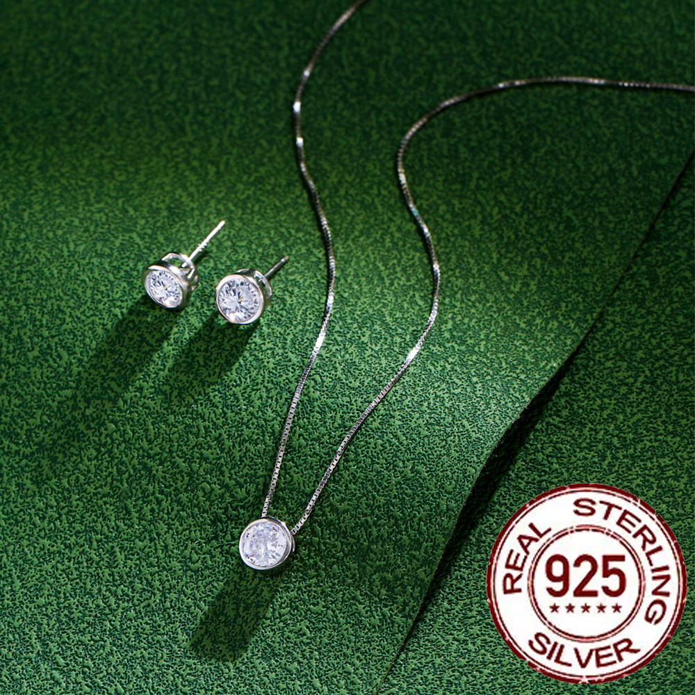 CWWZircons, conjunto de joyería de plata de ley 925 auténtica, circonita cúbica redonda brillante, collar Simple, pendientes para mujer, boda ST001