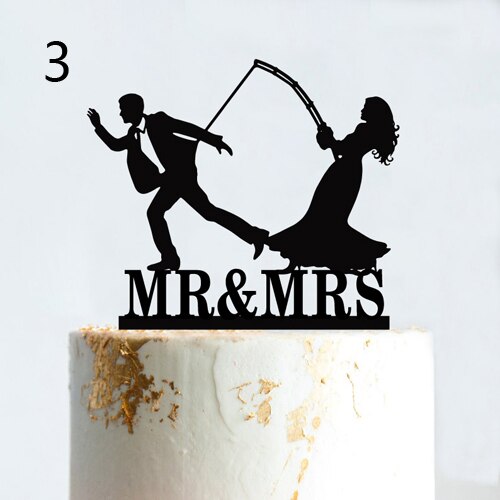 Vissen Stijl Bruidstaart Topper Grappige Mr &amp; Mrs Gelukkige Verjaardag Verslaafd Voor Leven Gelukkig Pensioen Acryl Houten Taart Decoratie: Style 3 / Mirror Gold