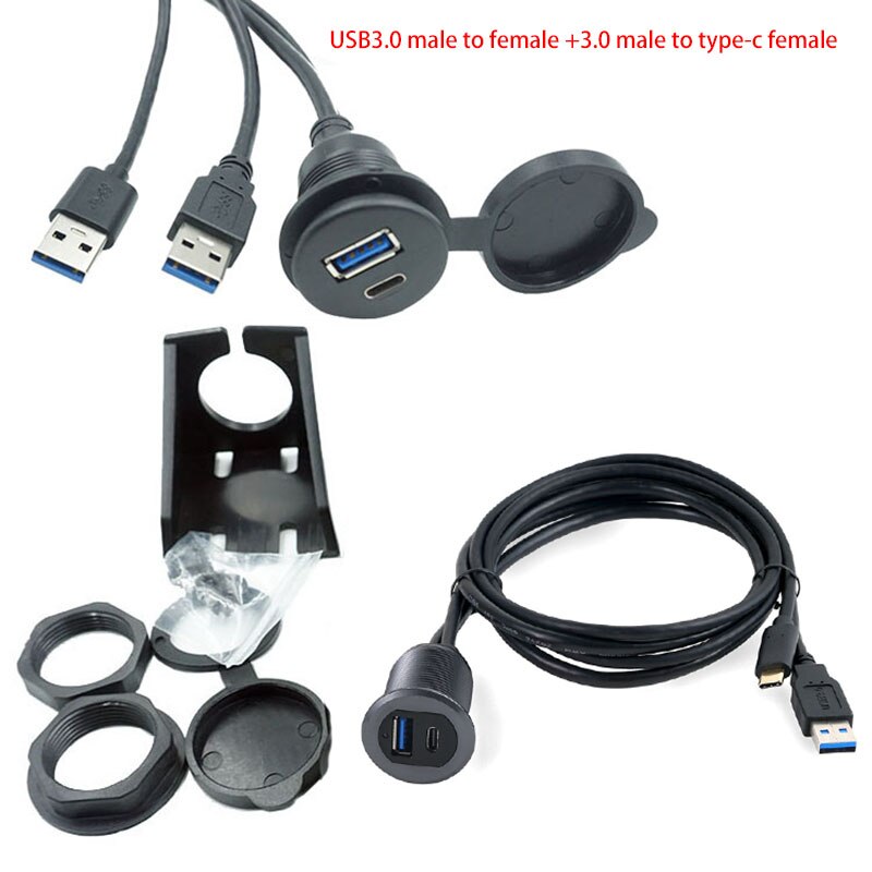 1M USB Socket Extension Cable Car Van Dashboard Flush Mount Panel 2 USB Plug Data Cord Motorcycle Wire Charger