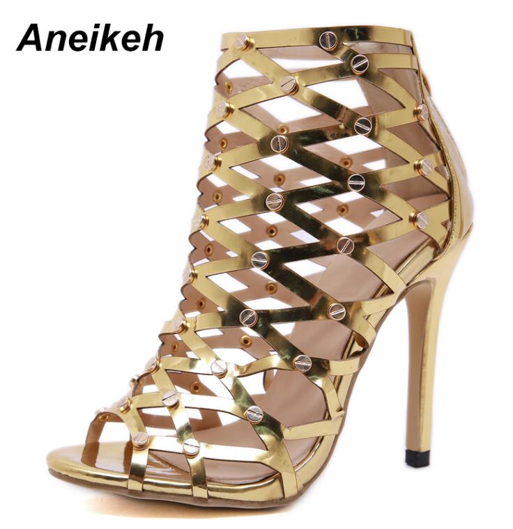 Aneikeh sommer gladiator sandaler guld ankel dame sandaler bur høje hæle romerske sko 12 cm fest dans størrelse 35-40: 4