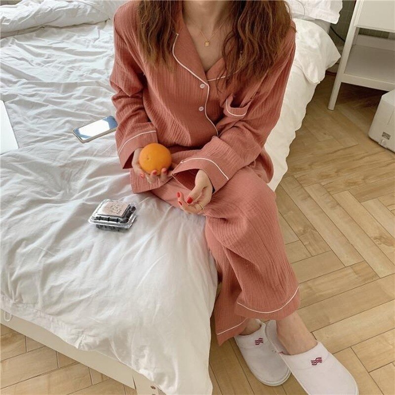 Pijamas coreanos de algodón para mujer y niña, ropa de dormir de manga larga, conjunto Simple de dos piezas, ropa de estar por casa, primavera y otoño,