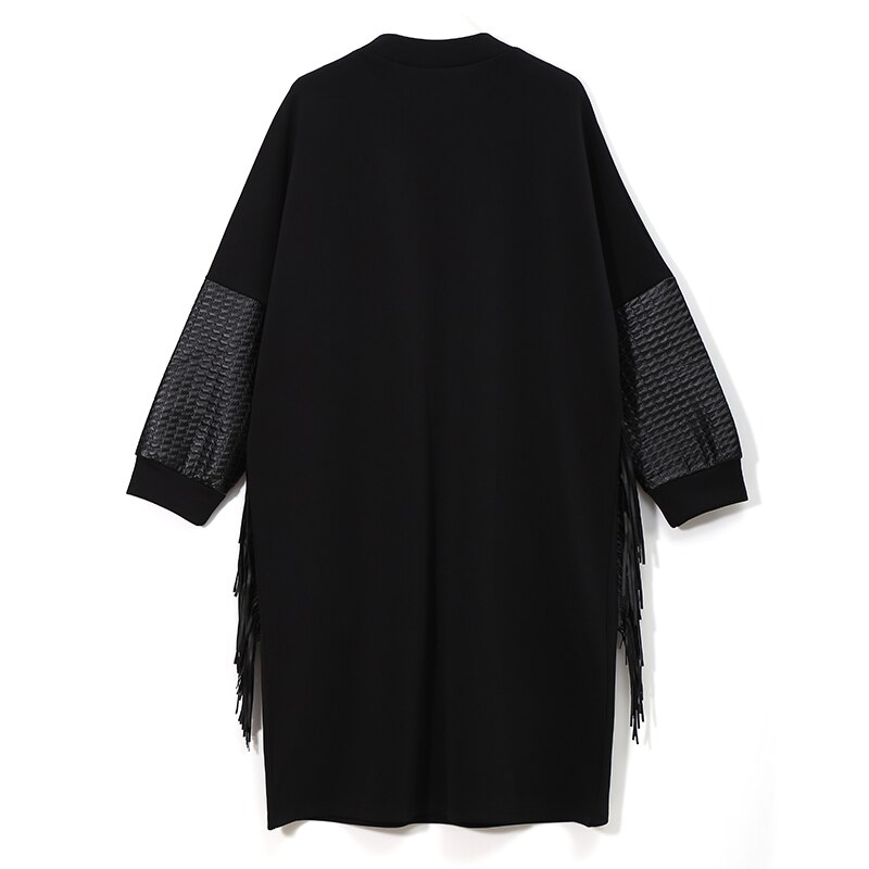 invierno mujer estilo vestido negro vestido de talla grande Midi de manga larga de dibujos animados de bolsillo flecos señoras lindo vestido grande traje 3084