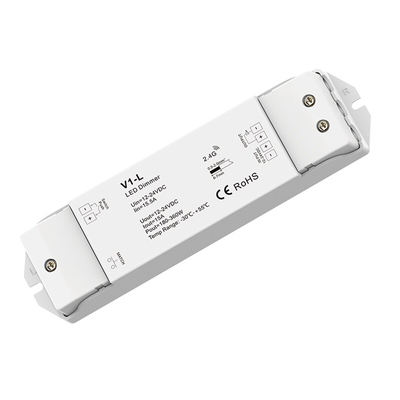 Led dimmer controller rf trådløs fjernbetjening  dc 12-24v 15a 360w output cv konstant spænding led 5050 3528 strip dæmpning  v1- l +r11: V1- l modtager