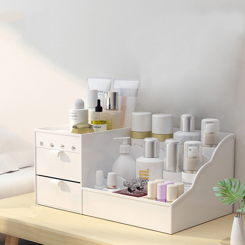 LED Mirror Makeup Organizer Bathroom Large Capacity Drawer Makeup Storage Box Skin Care Dressing Table Girl Cosmetic Beauty Case: White / 24x13x9CM