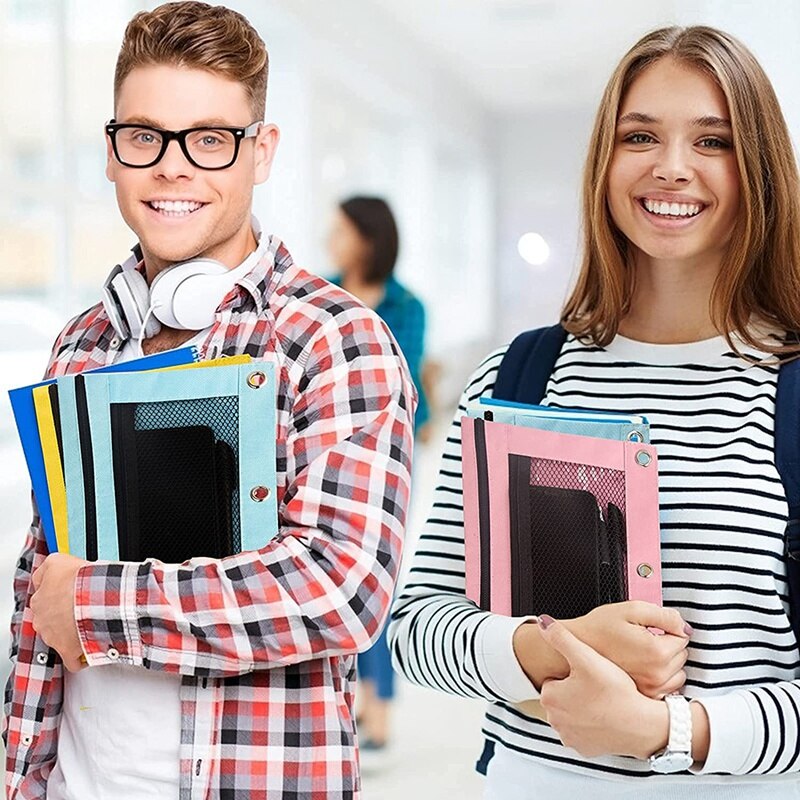 Bolsa para lápices de 3 anillos, bolsa con cremallera, estuche para lápices con doble bolsillo y ventana de malla, 6 paquetes de 6 colores