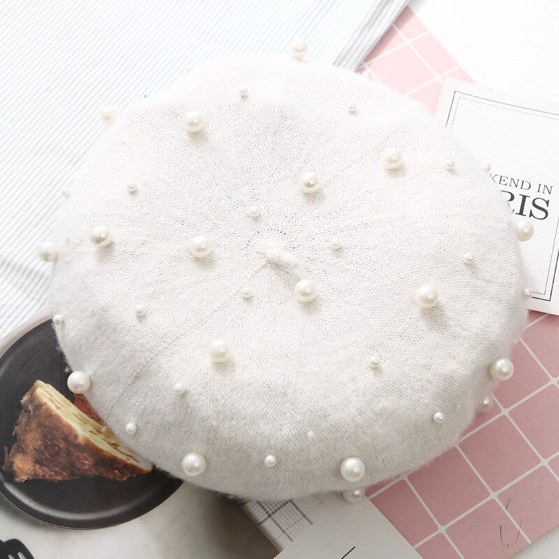 Wool Women Winter Berets Luxury Pearl Rivet Vintage Cashmere Female Warm Vogue Beret Hats Girls Flat Cap Beret for Women: White