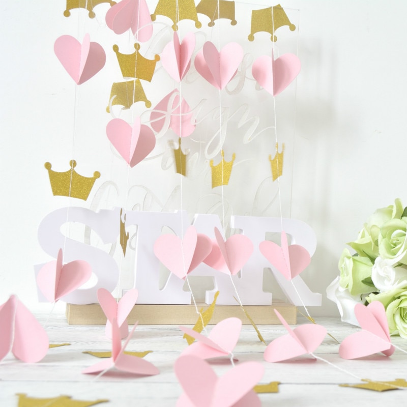 2cm Gold Crown and 3D Pink Heart Garland Bunting for Weddings or Birthday Party Decoration