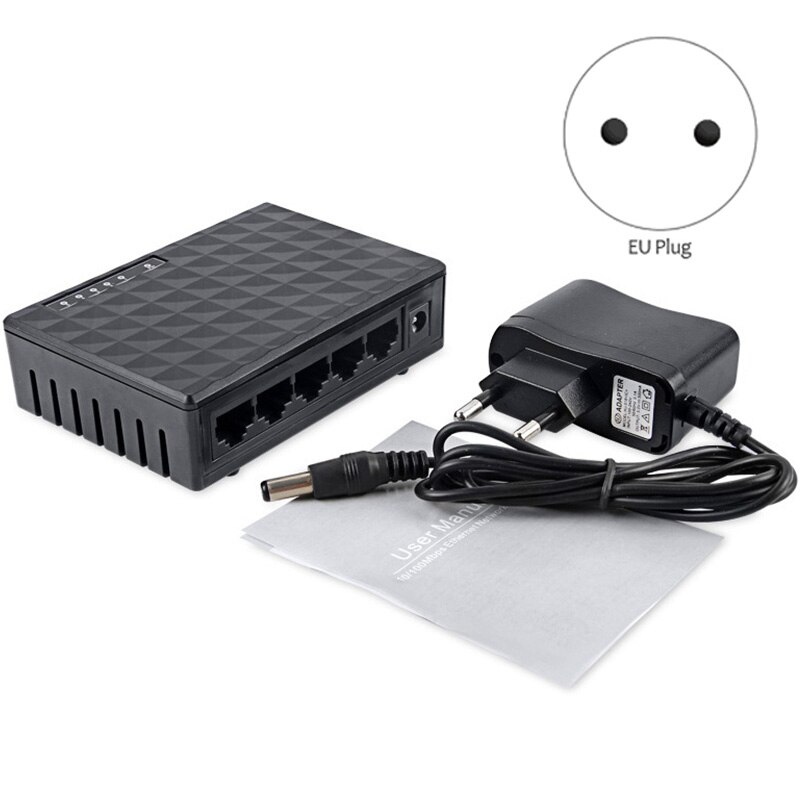 5-Port Network Switch 4-Wire RJ45 Gigabit Ethernet 1000Mbps Splitter Travel Lan Switch Hub for PC Desktop EU Plug Black