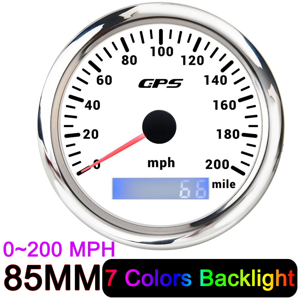Universal Motorcycle Speed Meter Odometer Gauge Speed 85MM GPS Speedometer MPH Mile Odometer For Car Boat Truck UTV 7 Colors: 200MPH white silver