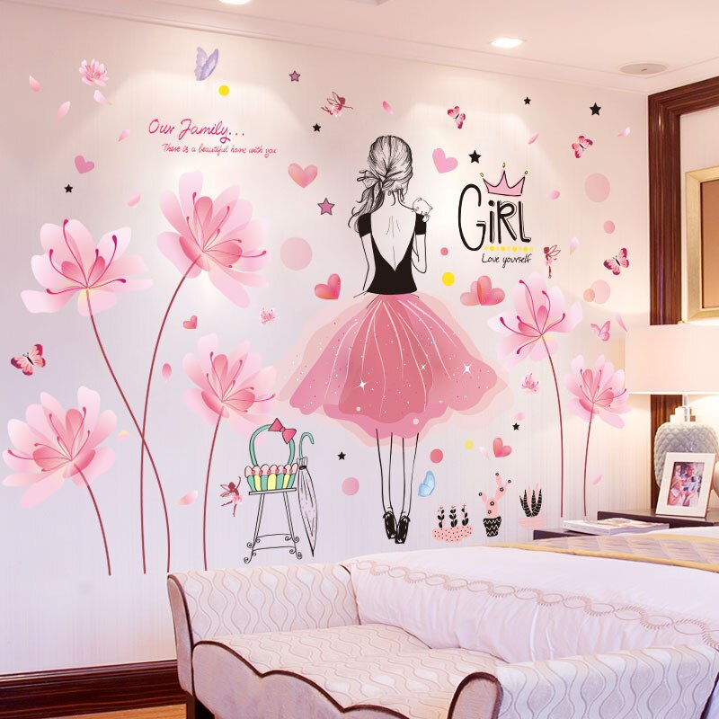 [shijuekongjian] roze bloemen muurstickers diy cartoon meisjes muurstickers voor kinderkamers babykamer huisdecoratie: Bloem en meisje