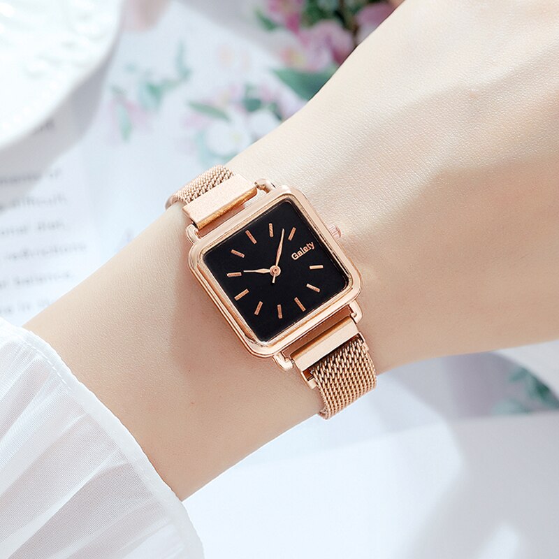 Gaiety brand dameure firkantet dame quartz ur armbånd solid urskive enkel rosa guld mesh luksus dameure