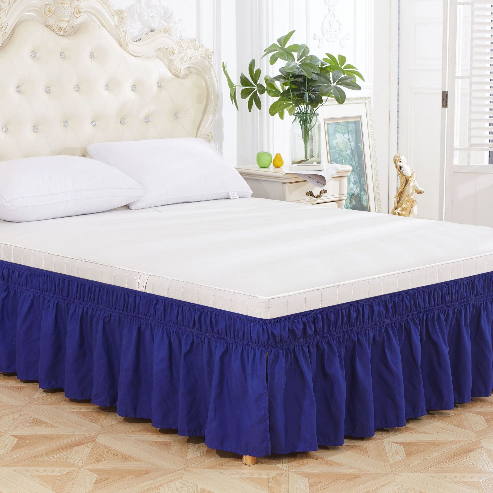 Jupe de lit plissée élastique, à volants, facile à enlever, résistant à la décoloration, couleur unie, d'hôtel: E