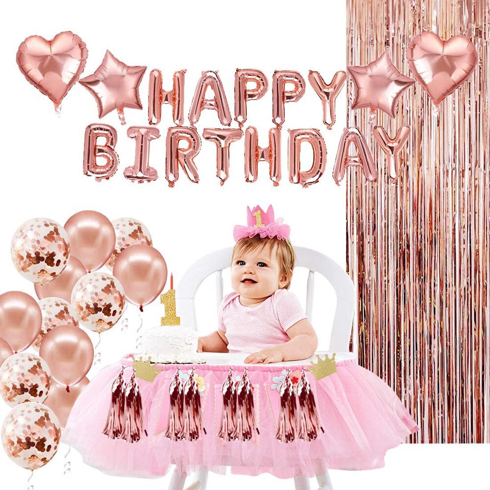 28pcs Rose Gold Birthday Decoration Set Letter Happy Birthday Balloon Birthday Party Decor Kids Tassel Sequin Latex Balloon