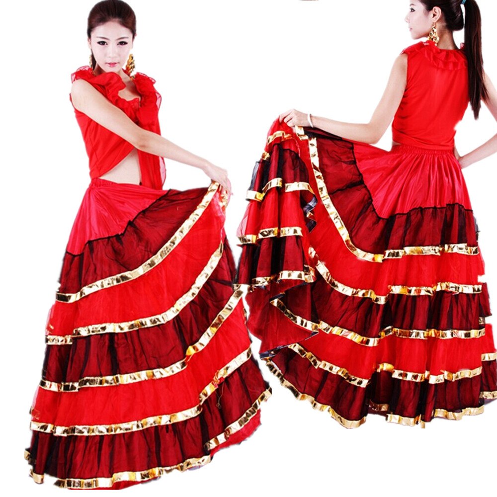 Vestido de Flamenco, trajes de baile para mujer, falda gitana española, ropa Oriental india, falda roja, traje de: 540