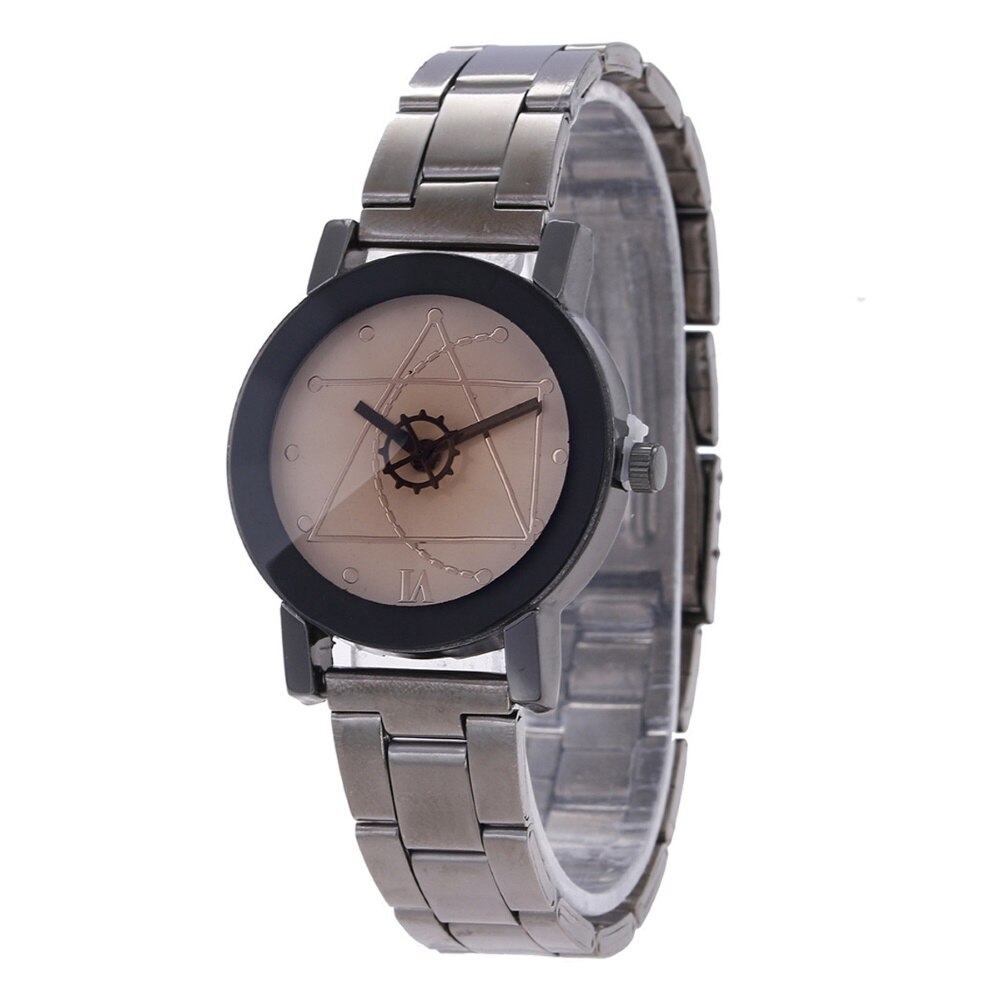 Uitverkoop! heren dames lovers gear ronde wijzerplaat roestvrijstalen band analoog quartz polshorloge: Vrouwen b