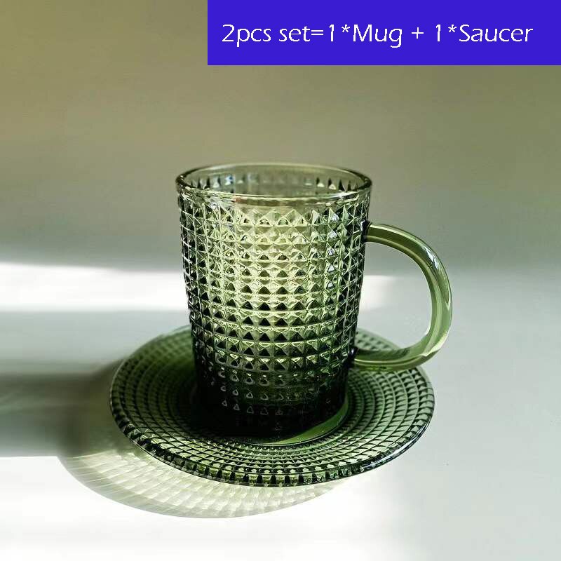 Tasse à café et soucoupe Vintage en verre gaufré de 250ml, verres à vin vert foncé, tasse à thé rétro, verres pour Bar à la maison, assiette ronde: 2 pcs set