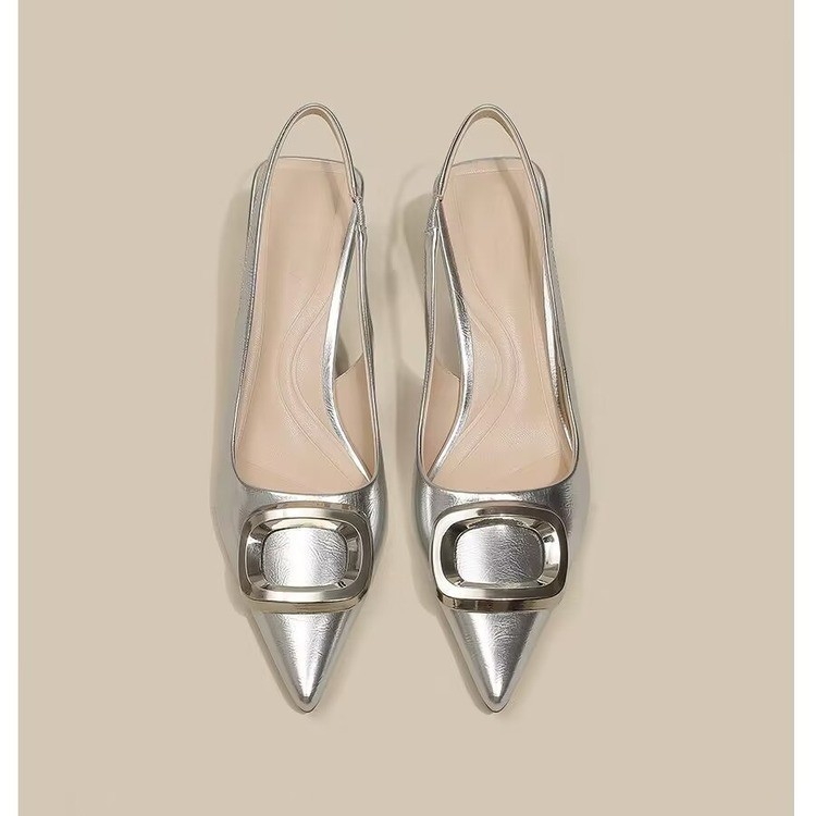 Mærke kvinde slingback sko forår damer høje hæle mellemhæl spids tå slip-on sandal mules: Sølv / 39