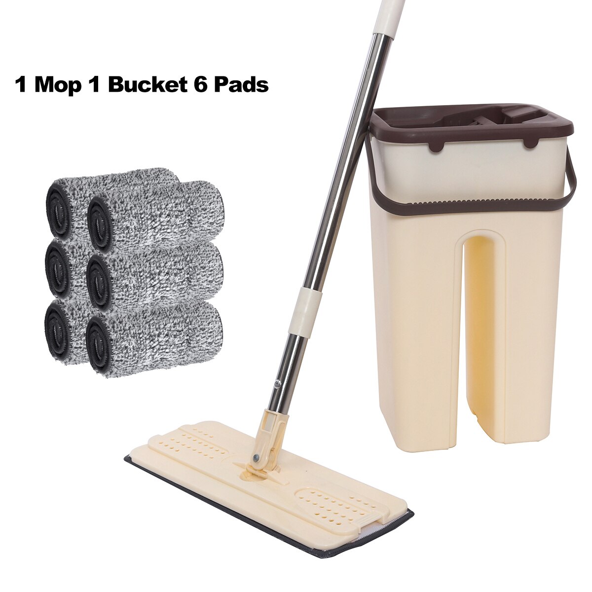Flat Squeeze Mop and Bucket Hand Free Wringing Floor Cleaning Lazy Mop Wet Dry Usage with Microfiber Mop Pads
