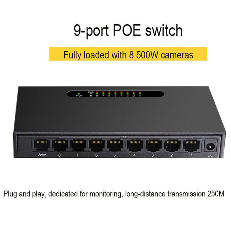 Poe Switch 10/100Mbps 52V Fast Ethernet Switch Met 9 Poorten Voor Ip Camera/Draadloze Ap/Cctv Camera