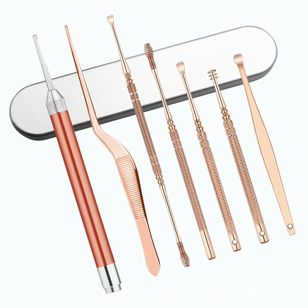 7pcs/set Stainless Steel Luminous Ear Spoon Earwax Tweezers Nose Care Led Earspoon Tool Set For Children Kids