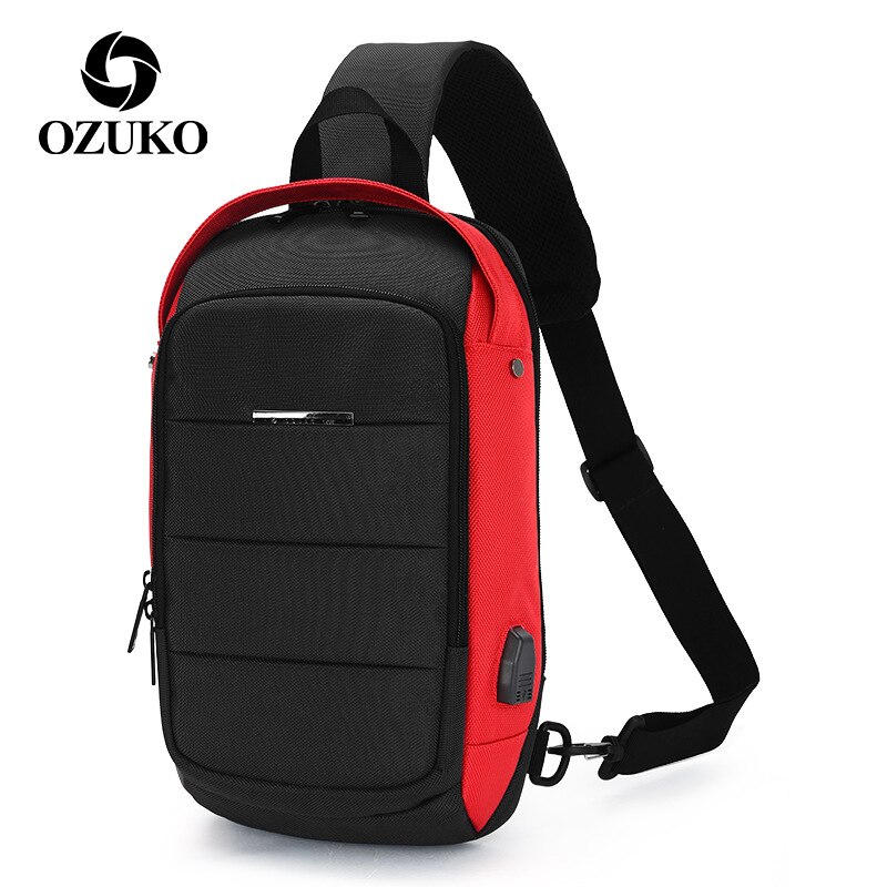 OZUKO Multifunction Waterproof Crossbody Bag Travel Men Chest bags External USB interface Sports shoulder bag Chest Pack: red and black
