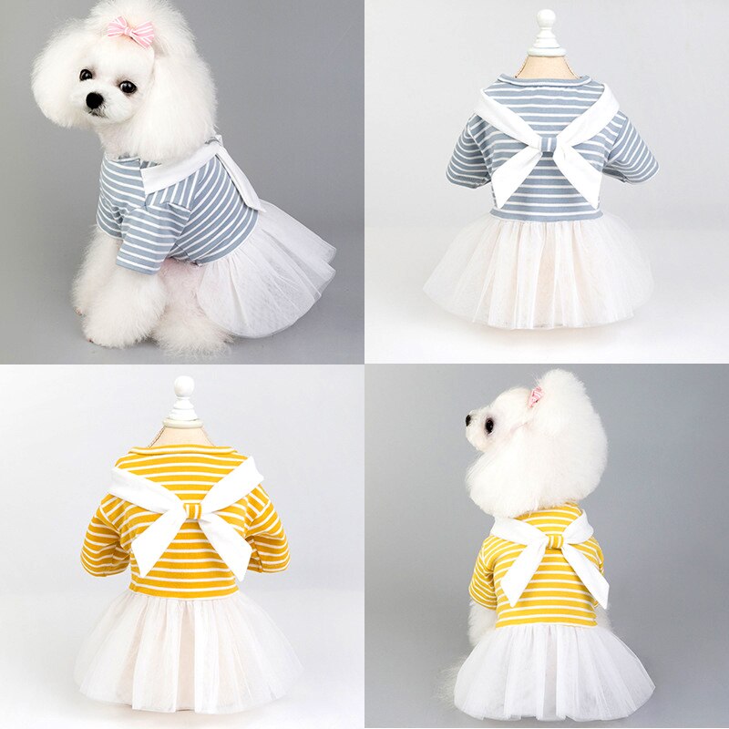 Lente En Zomer Dunne Pet Dog Kleding Wit Boog Gestreepte Hond Rok Gaas Rok Bichon Teddy Kleren Huisdier Kleding Voor honden