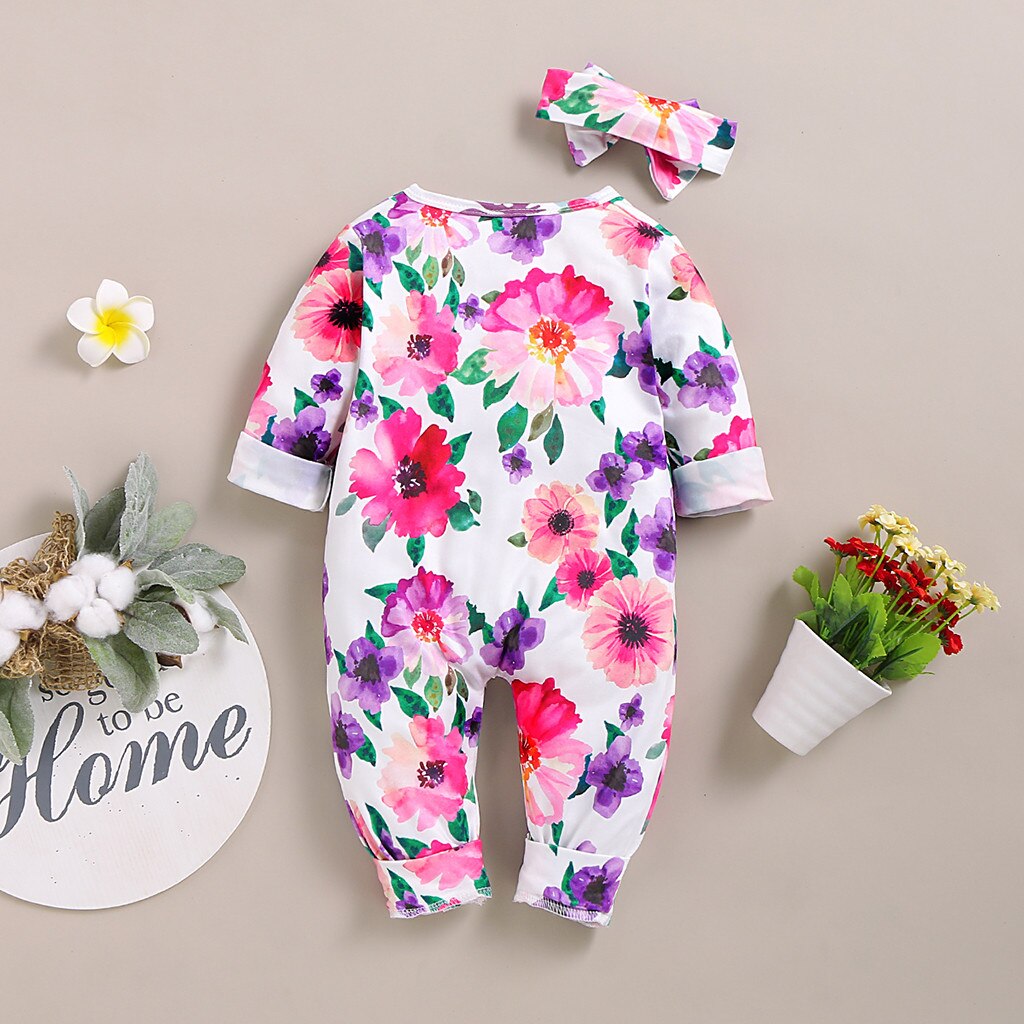 Barboteuse en coton pour bébés garçons et filles, combinaison à manches longues, imprimé Floral, bandeau, tenues de printemps et d'automne