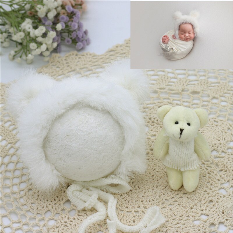 Baby Fotografie Requisiten Neugeborenen Fotografie Hut Bär Puppe Neugeborenen Hut Fotografie Zubehör (1pc Baby Hut und 1pc bär Puppe): white