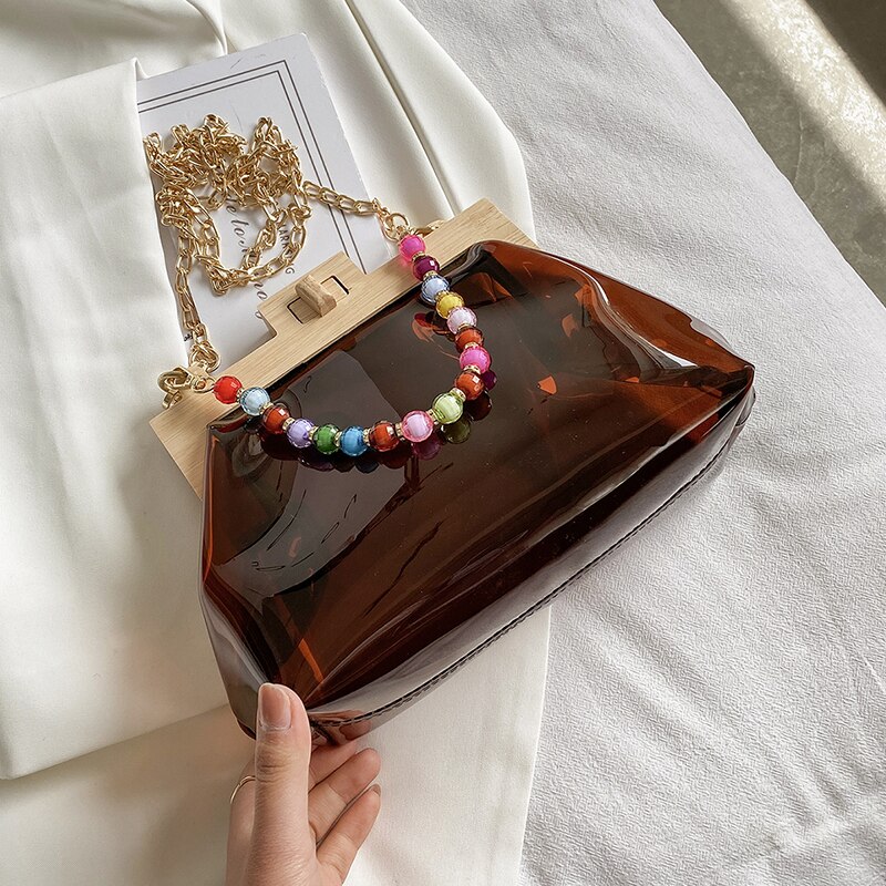 Transparent Jelly Tote bag Summer High PVC Women's Handbag Chain Shoulder Messenger Bag Travel Bag: 25 CM Coffee