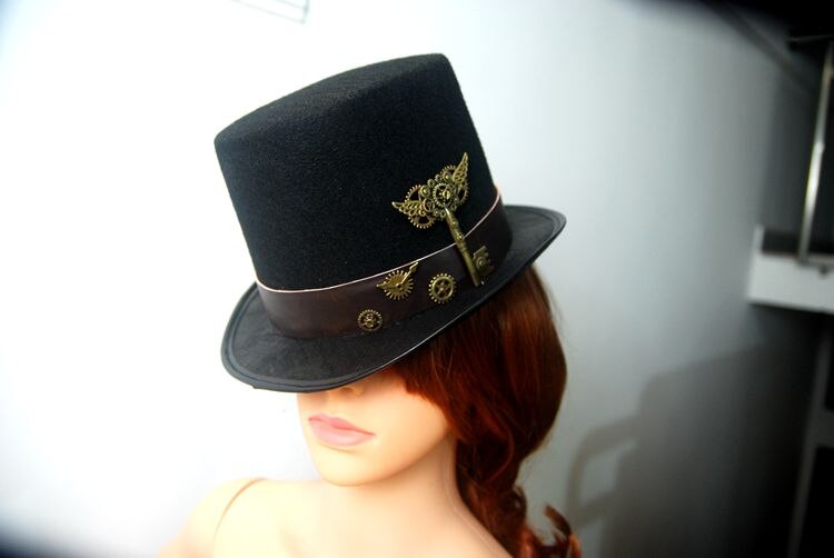Kostuum steampunk hoge hoed met riem & tandwielen sleutel accessoires handgemaakte trilby hoeden gothic