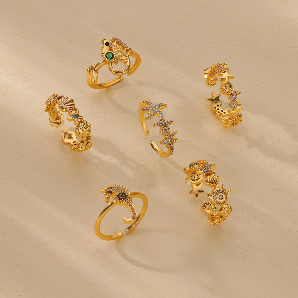 Delicado anillo de circón con concha de estrella de mar, tortuga, mal de ojo, anillo de acero inoxidable para mujer, abalorio dorado antidecoloración, accesorios de joyería,