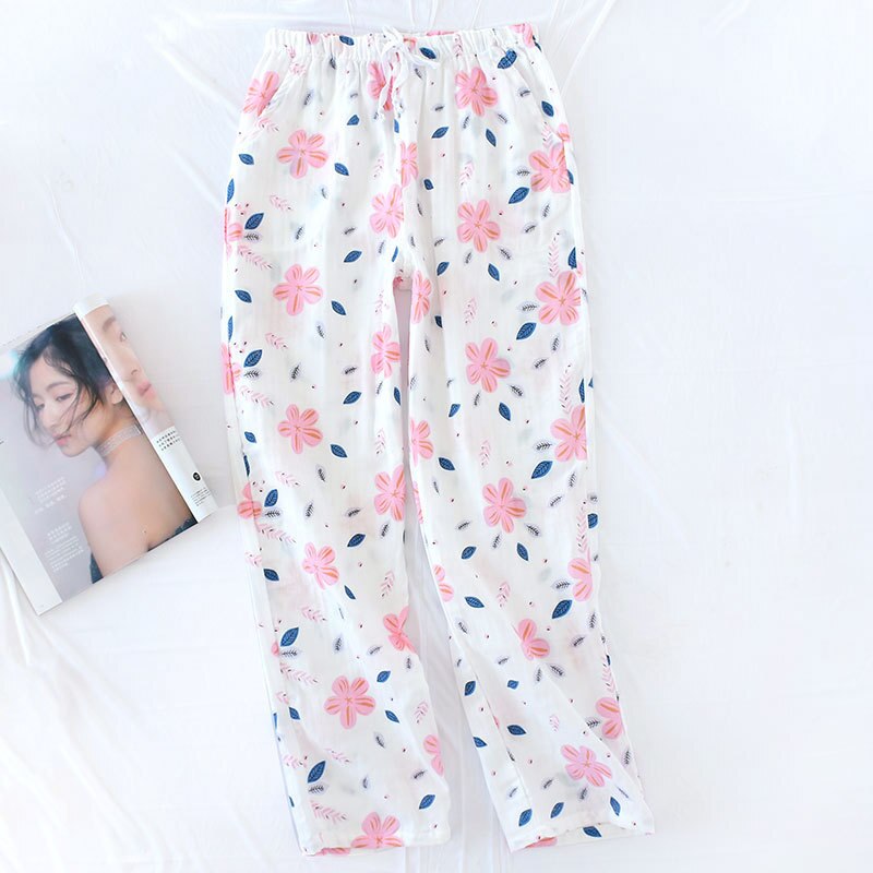 100% de algodón de gasa para mujer, Pantalón de pijama fino, informal, para dormir, tejido Floral de talla grande, para el hogar: Blanco / XL