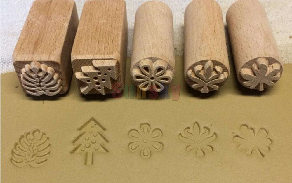 Aardewerk Keramische Tool Hout Textuur Stempel Puur Massief Hout Afdrukken Creatieve Tool Keramische Klei Kneden Afdrukken Chop: plants 5 pc
