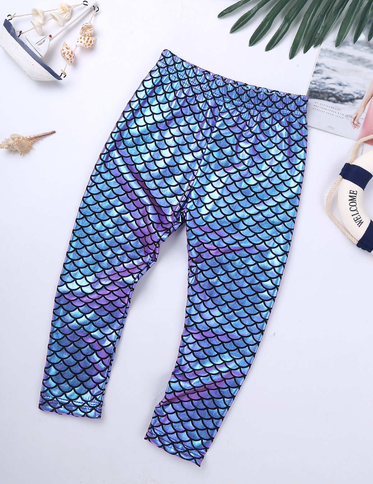 Kiiltävä 3d painettu tyttö leggingsit kiiltävät kalasuomut kuvio tanssi leggingsit kevään värikkäät tyttövauvan housut ohuet housut