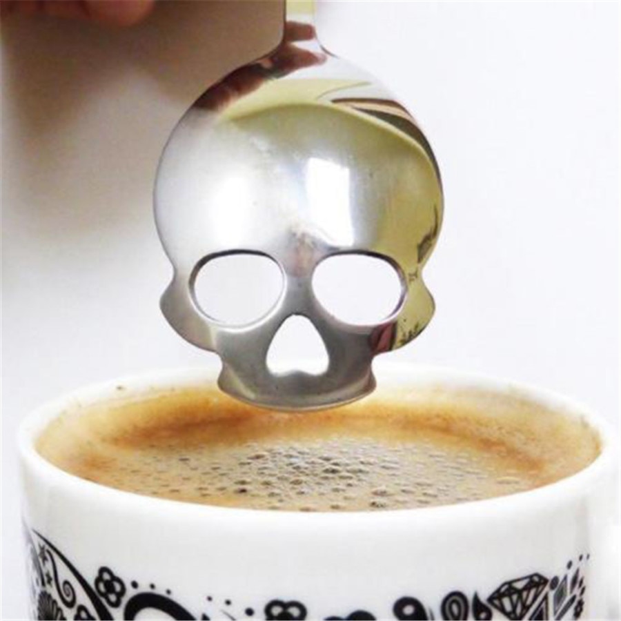 1Pcs Skull Roestvrij Stalen Lepel Mini Metalen Goud Gesneden Koffie Snacks Fruit Prikkers Keuken Tool Theelepel