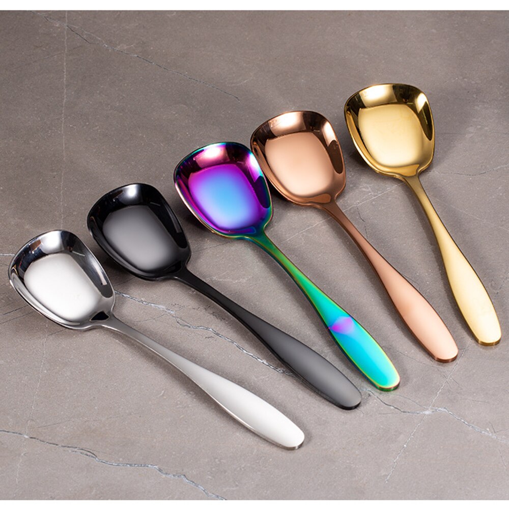 Cucharas cuadradas de acero inoxidable para sopa, cucharas planas con mango largo para cena, cucharas grandes, cucharas de postre, suministros de cocina ecológicos
